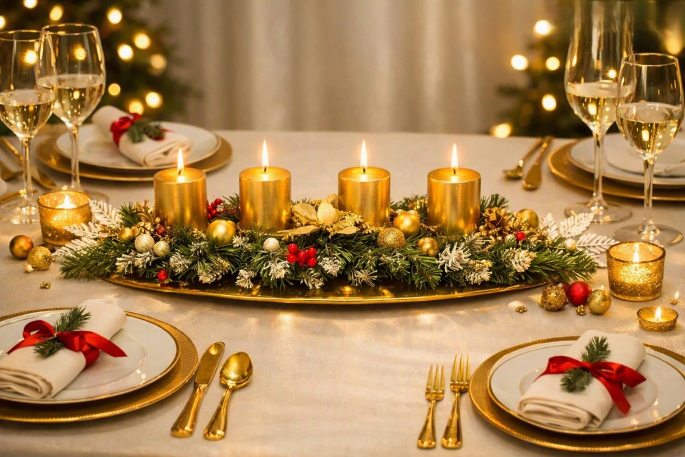 Adventní svícen, štola na stůl - vánoční, zlatá