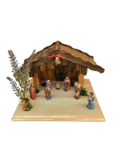 Dřevěný malý betlém s LED osvětlením, 26 cm – ručně vyráběný, s figurkami